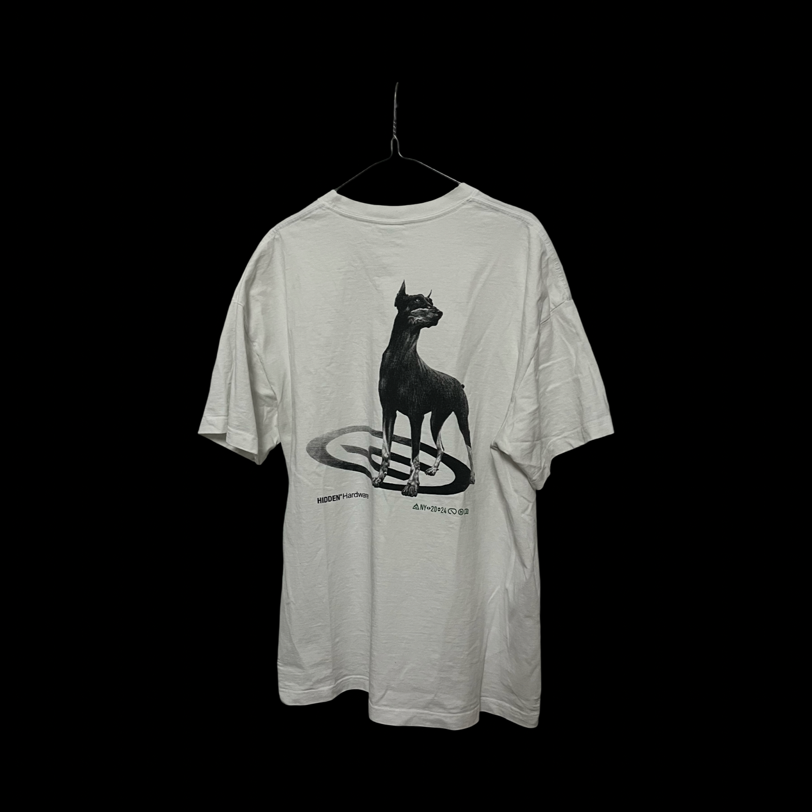 White t-shirt with black doberman graphic design 